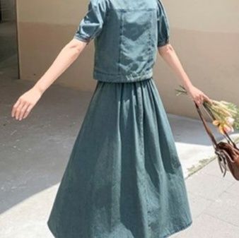 デニムセットアップ レトロパフスリーブスカートセット