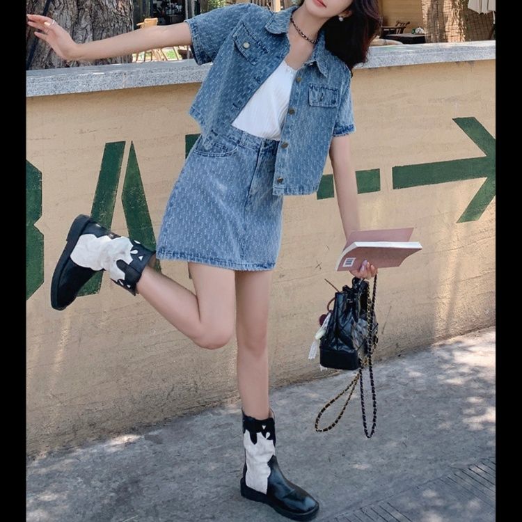 デニムセットアップ 模様入り半袖ジャケットスカートセット