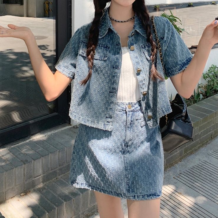 デニムセットアップ 模様入り半袖ジャケットスカートセット
