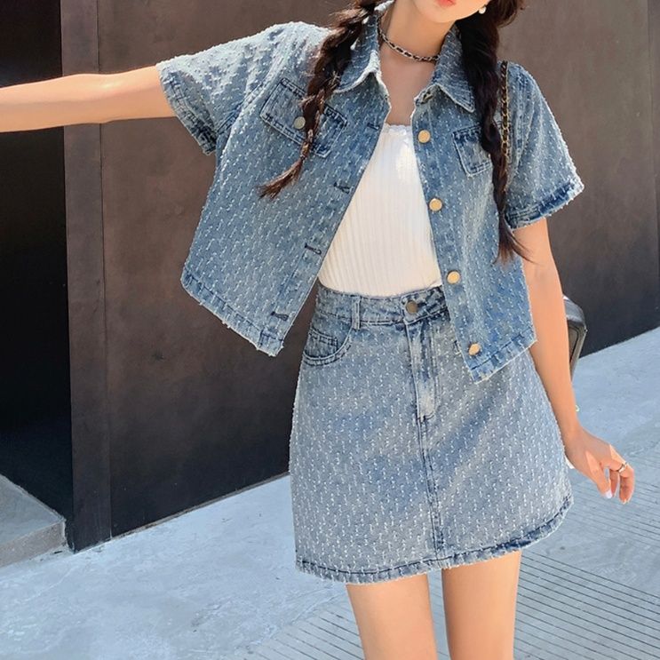 デニムセットアップ 模様入り半袖ジャケットスカートセット