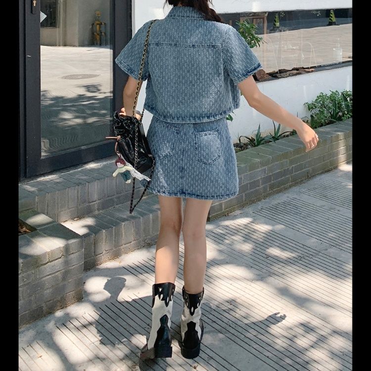 デニムセットアップ 模様入り半袖ジャケットスカートセット