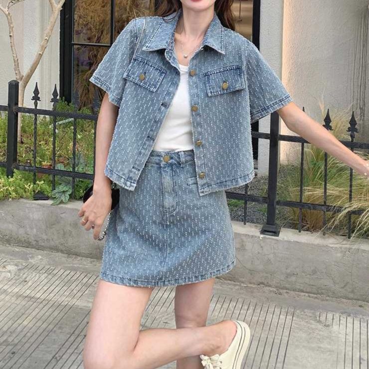 デニムセットアップ 柄入り半袖シャツジャケットスカートセット
