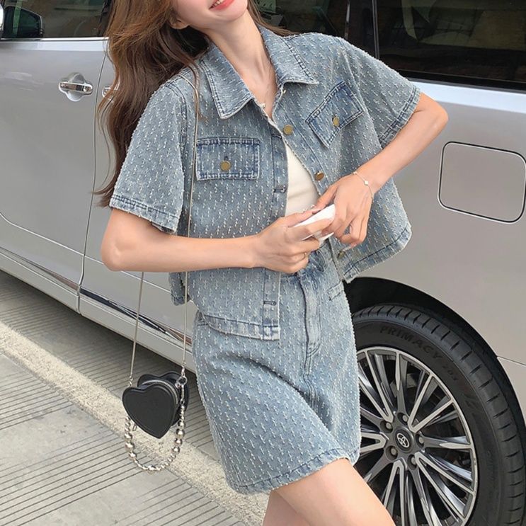 デニムセットアップ 柄入り半袖シャツジャケットスカートセット