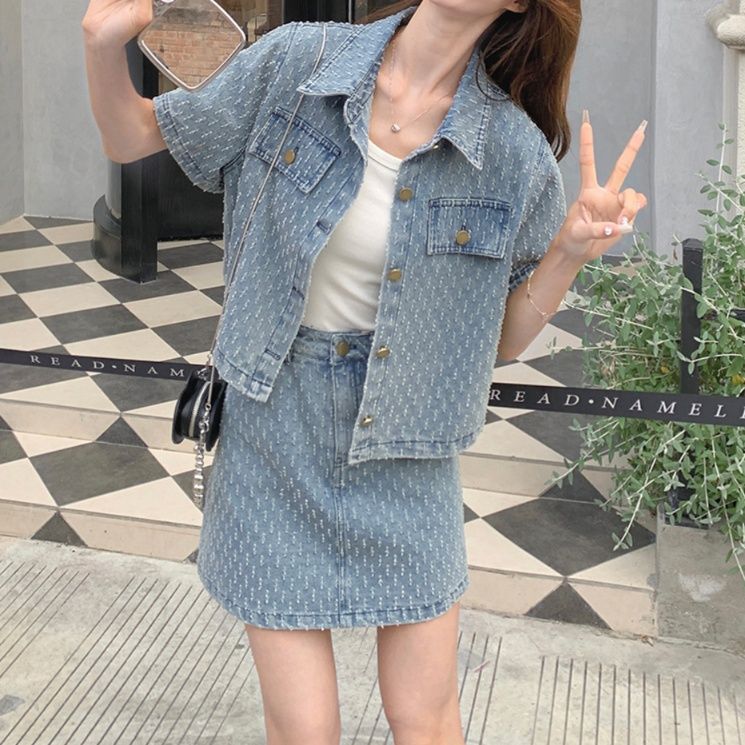 デニムセットアップ 柄入り半袖シャツジャケットスカートセット