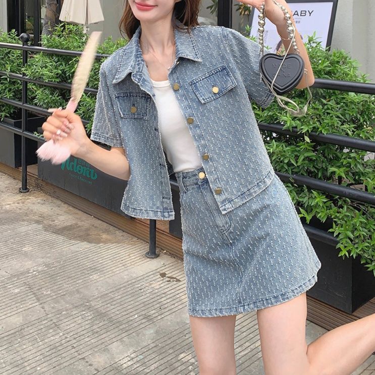 デニムセットアップ 柄入り半袖シャツジャケットスカートセット