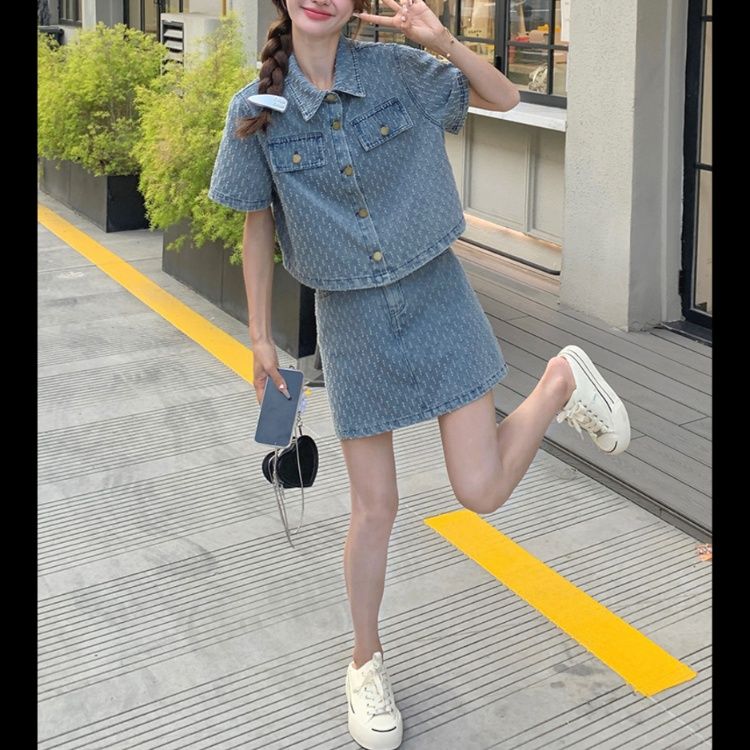 デニムセットアップ 柄入り半袖シャツジャケットスカートセット