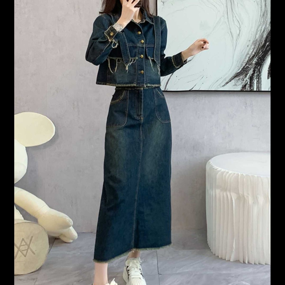 デニムセットアップ ほつれロング丈デニムセット
