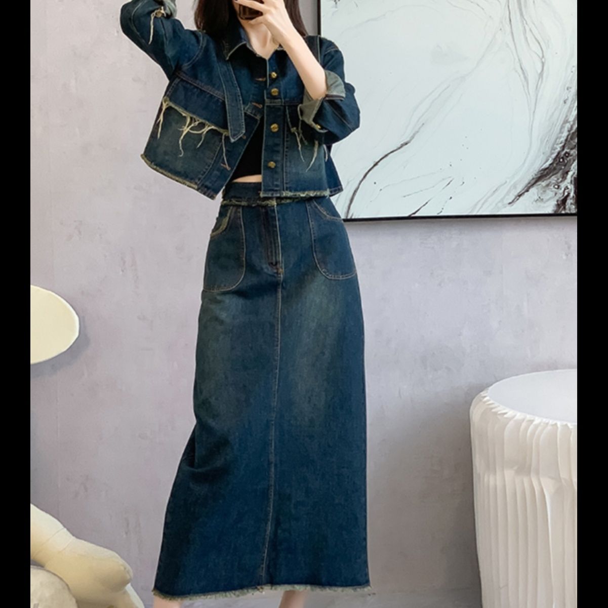 デニムセットアップ ほつれロング丈デニムセット