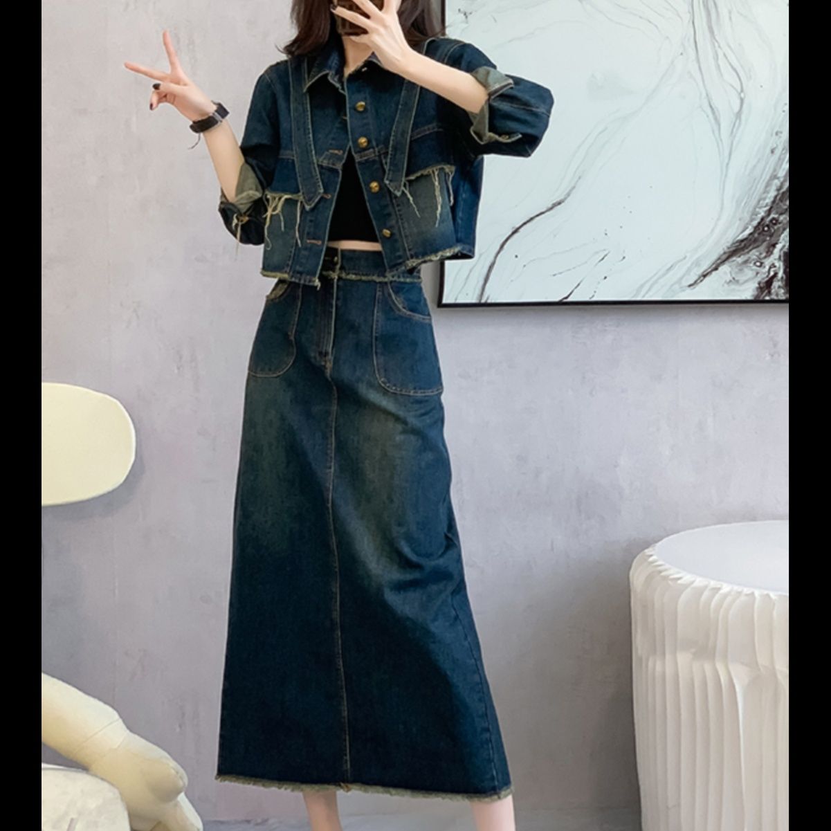 デニムセットアップ ほつれロング丈デニムセット
