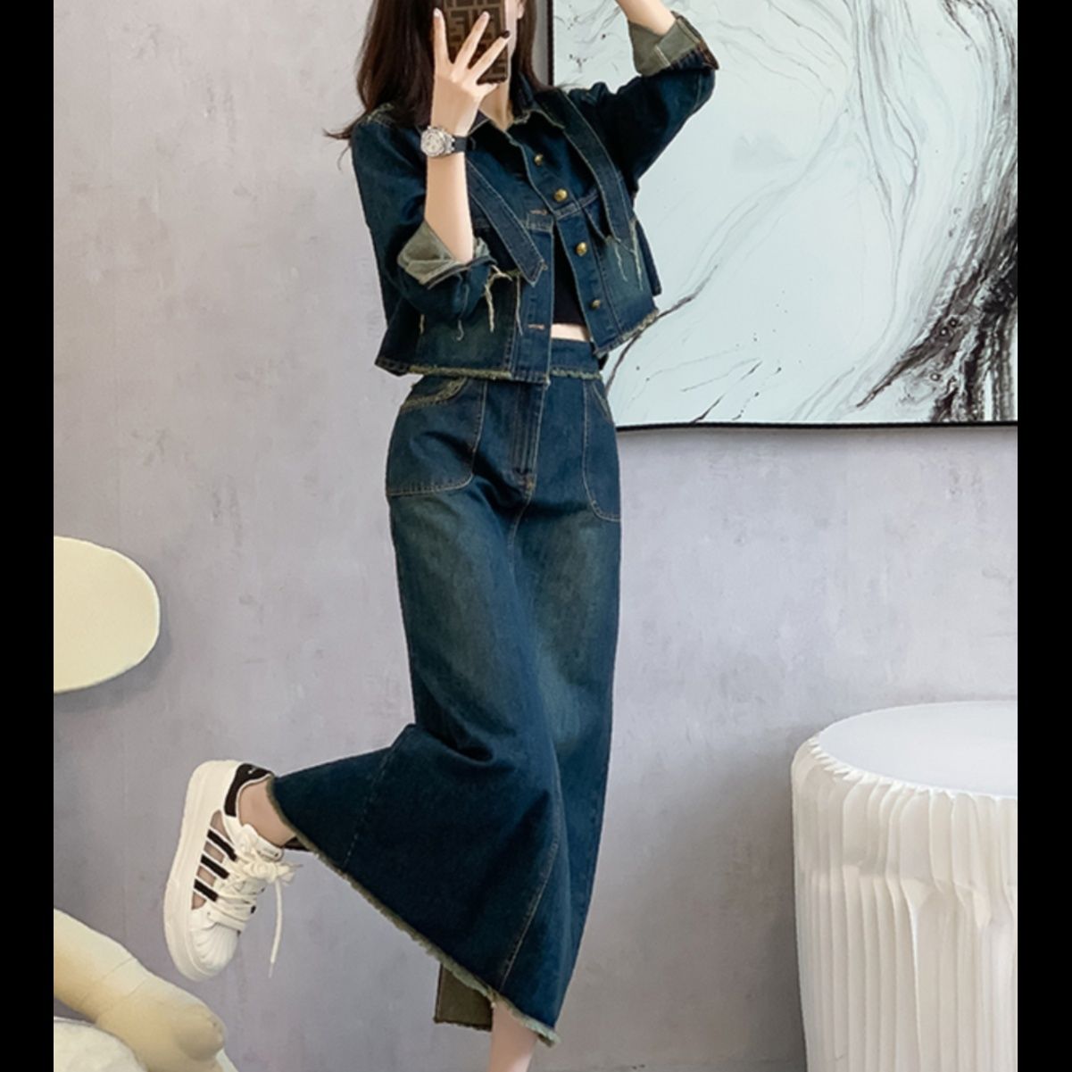 デニムセットアップ ほつれロング丈デニムセット