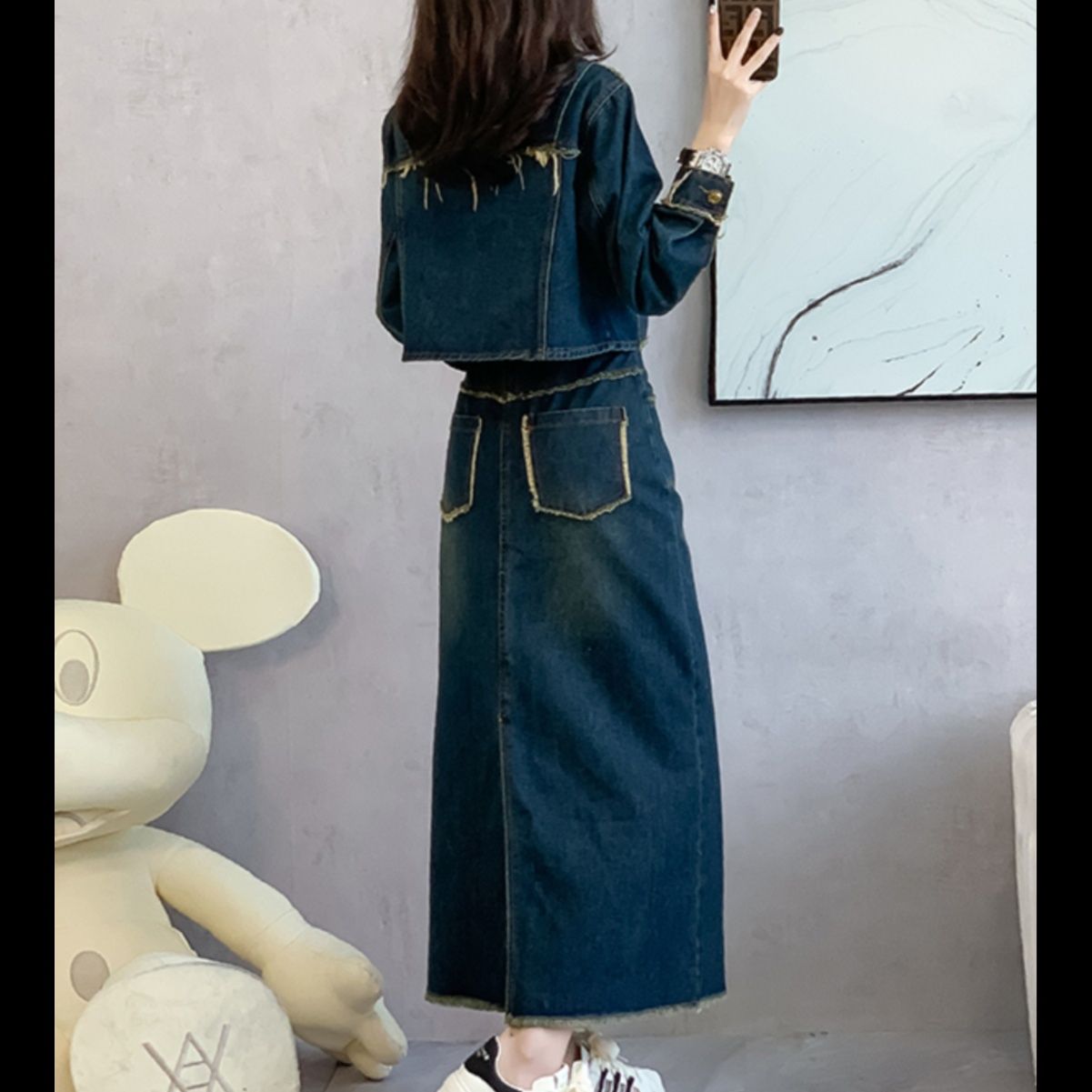 デニムセットアップ ほつれロング丈デニムセット