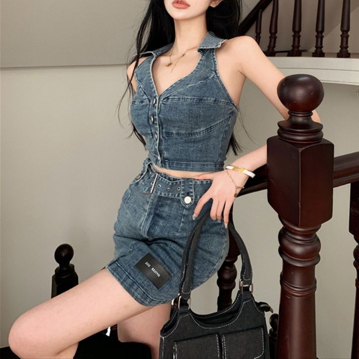 デニムセットアップ ホルターネックミニスカート上下セット