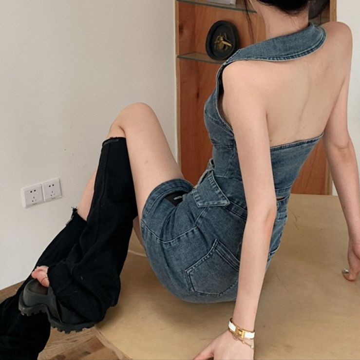 デニムセットアップ ホルターネックミニスカート上下セット