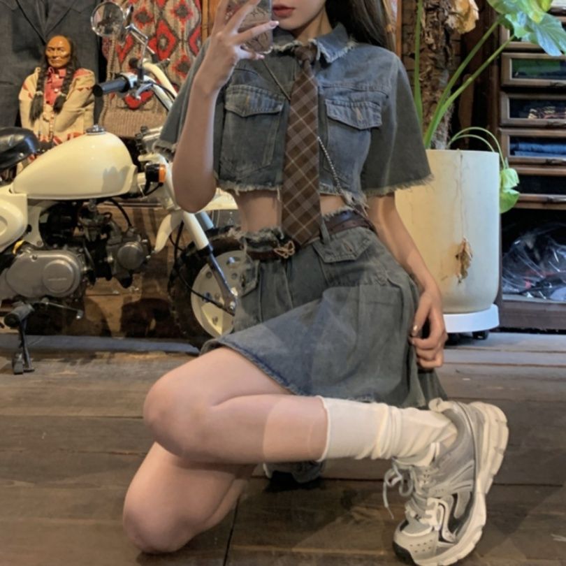 デニムセットアップ レトロネクタイ ショートセット