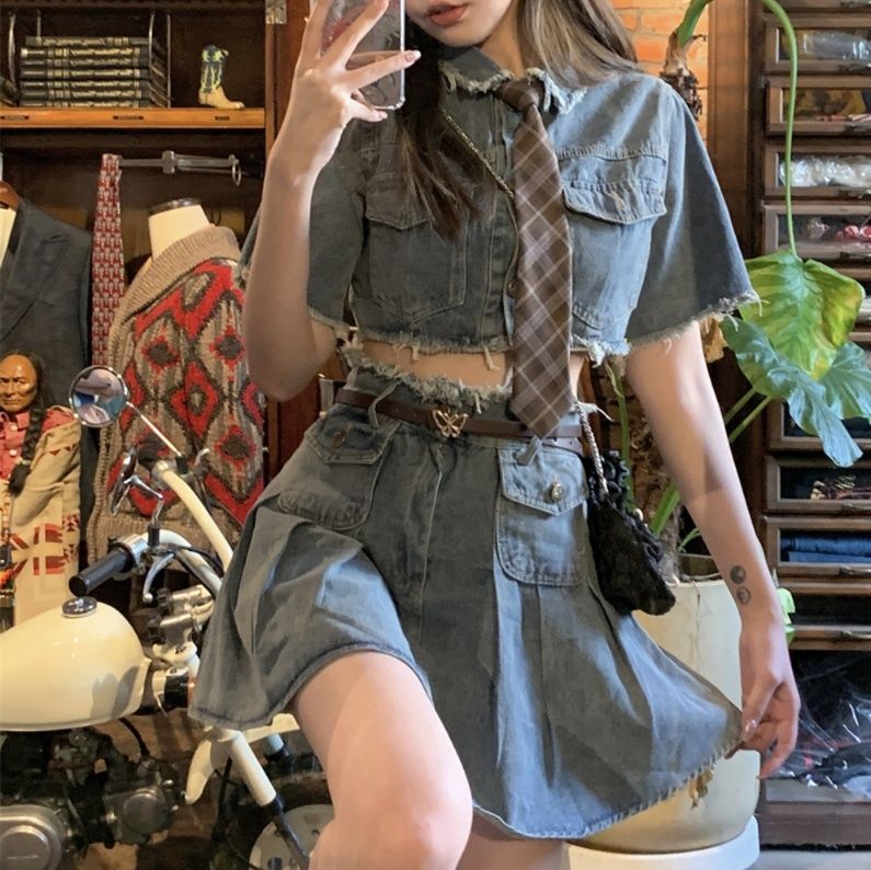 デニムセットアップ レトロネクタイ ショートセット