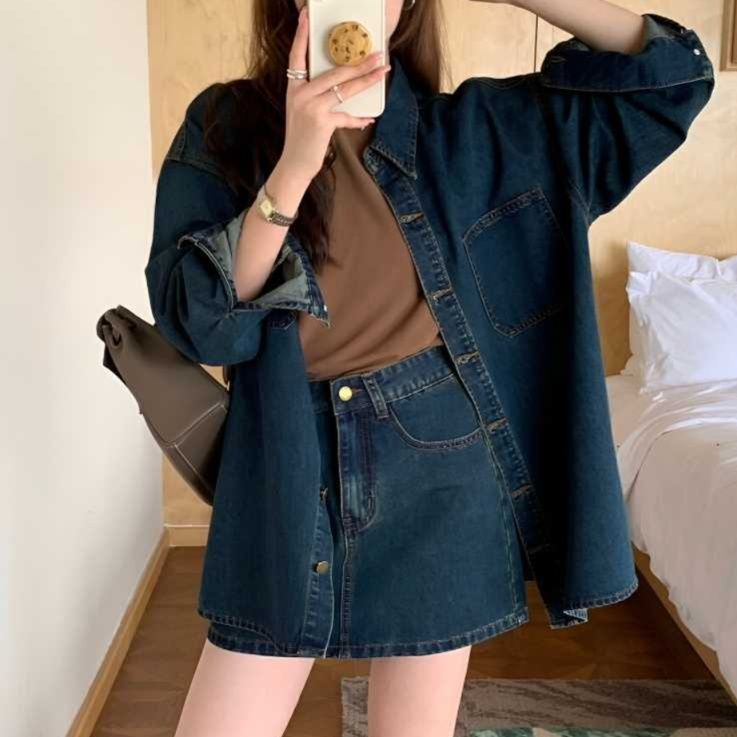 デニムセットアップ レトロスタイル ゆったりデニムジャケット＆ミニスカート