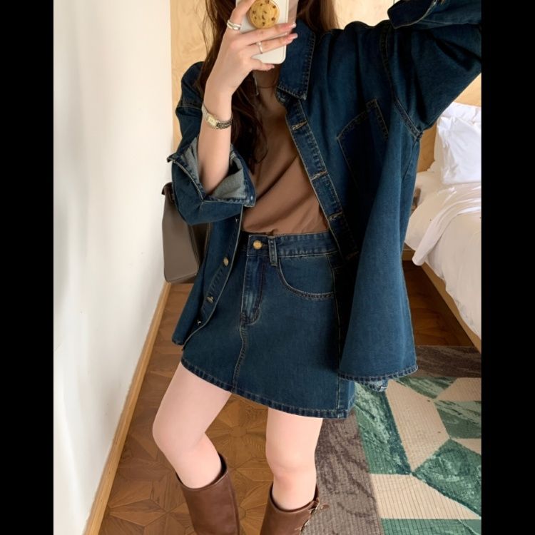 デニムセットアップ レトロスタイル ゆったりデニムジャケット＆ミニスカート
