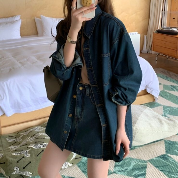 デニムセットアップ レトロスタイル ゆったりデニムジャケット＆ミニスカート