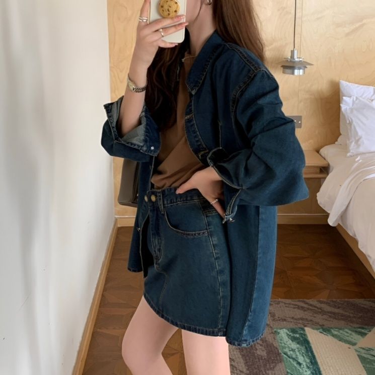 デニムセットアップ レトロスタイル ゆったりデニムジャケット＆ミニスカート
