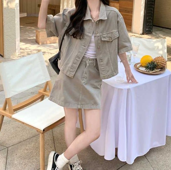 デニムセットアップ 五分袖ジャケットミニスカート上下セット