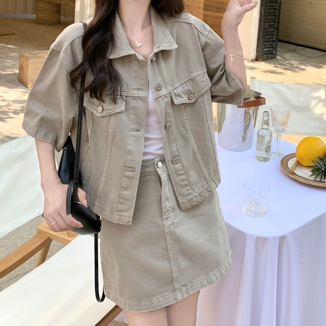 デニムセットアップ 五分袖ジャケットミニスカート上下セット