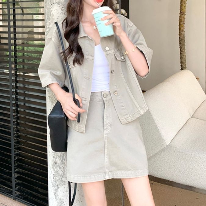 デニムセットアップ 五分袖ジャケットミニスカート上下セット