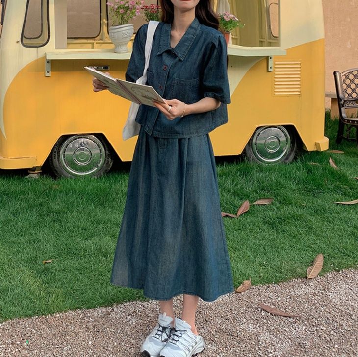 デニムセットアップ ナチュラルゆったり半袖セットアップ