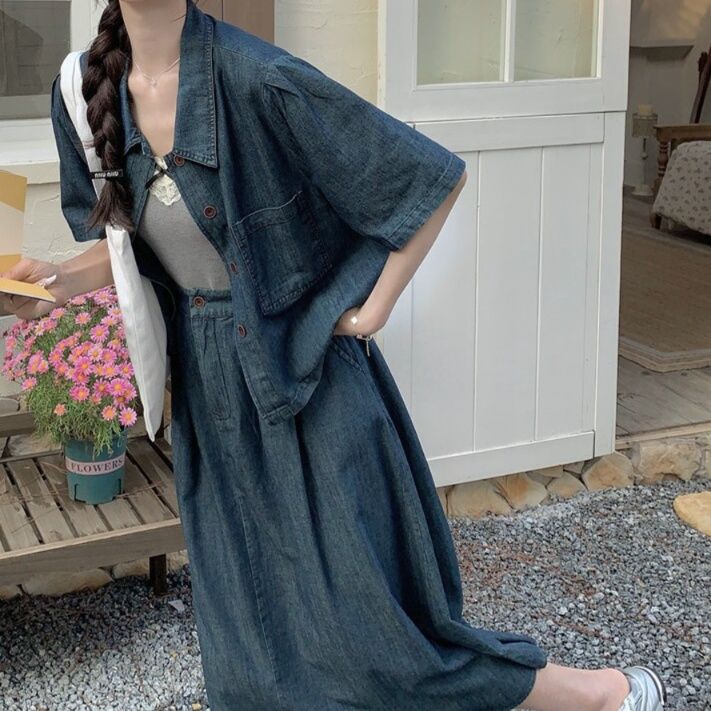 デニムセットアップ ナチュラルゆったり半袖セットアップ