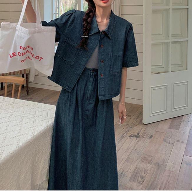 デニムセットアップ ナチュラルゆったり半袖セットアップ