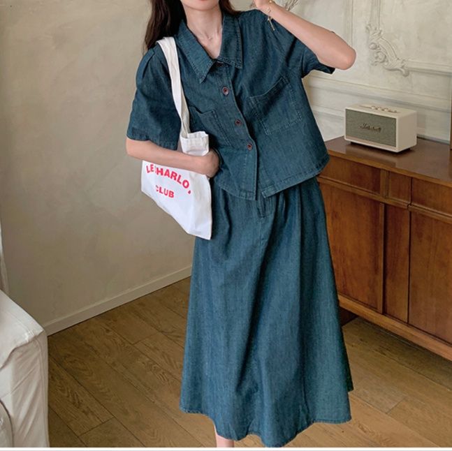 デニムセットアップ ナチュラルゆったり半袖セットアップ