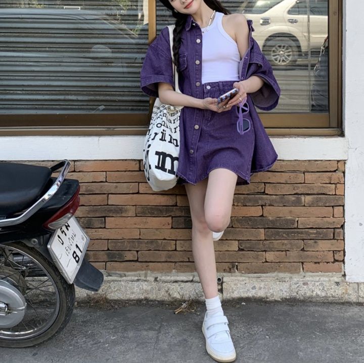 デニムセットアップ ゆったり半袖シャツスカートセット