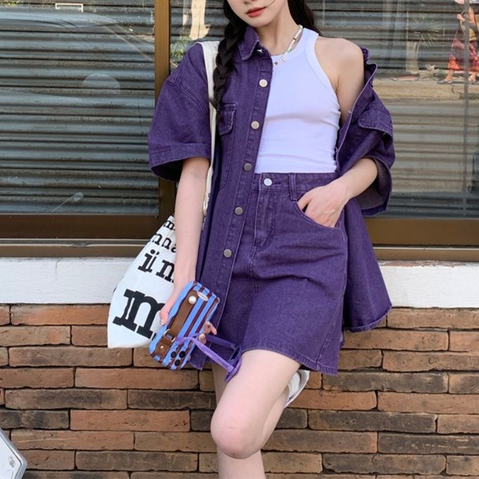 デニムセットアップ ゆったり半袖シャツスカートセット