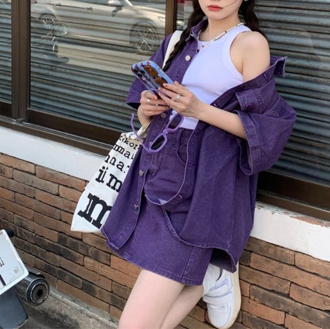 デニムセットアップ ゆったり半袖シャツスカートセット