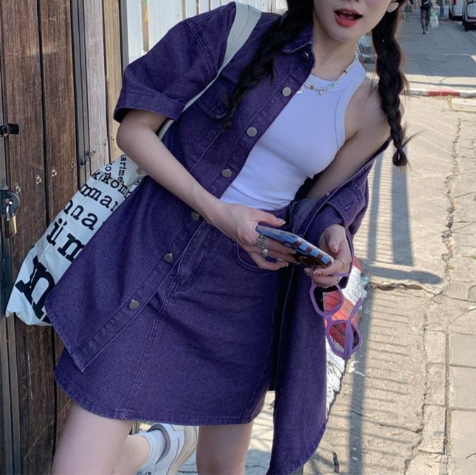 デニムセットアップ ゆったり半袖シャツスカートセット