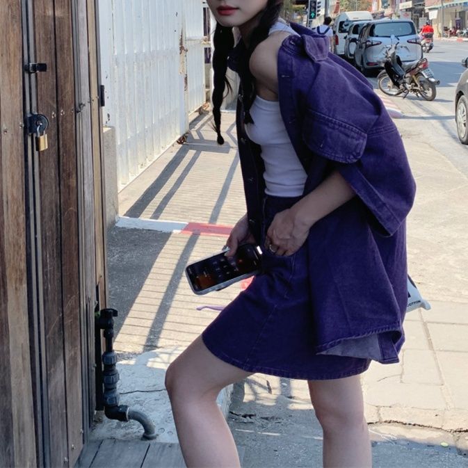 デニムセットアップ ゆったり半袖シャツスカートセット