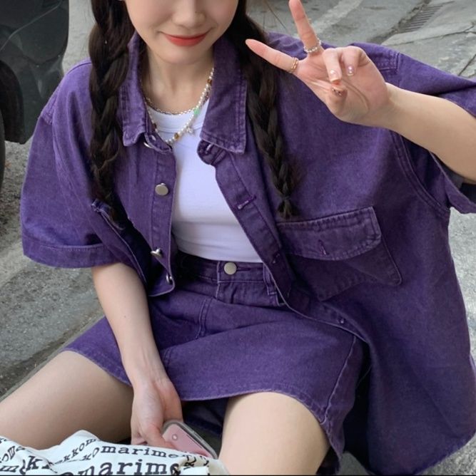 デニムセットアップ ゆったり半袖シャツスカートセット