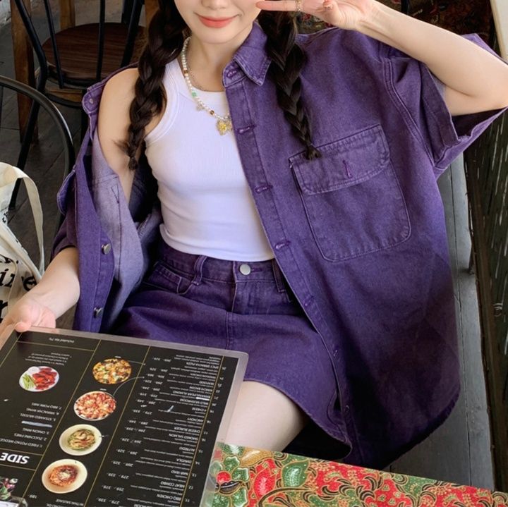 デニムセットアップ ゆったり半袖シャツスカートセット