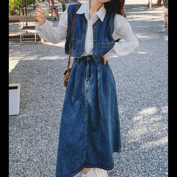 デニムセットアップ レトロベスト＆ロングスカート