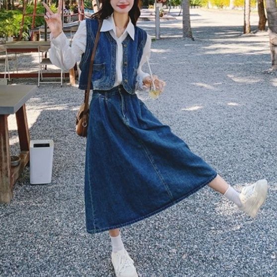 デニムセットアップ レトロベスト＆ロングスカート
