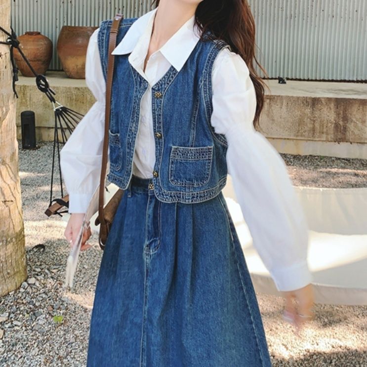 デニムセットアップ レトロベスト＆ロングスカート