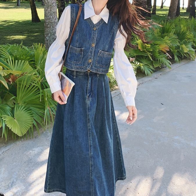デニムセットアップ レトロベスト＆ロングスカート