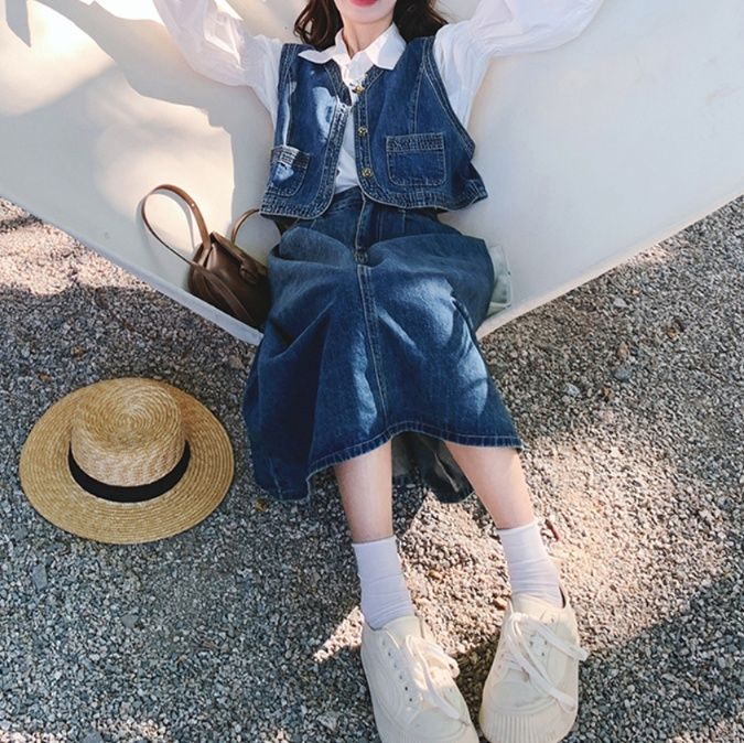 デニムセットアップ レトロベスト＆ロングスカート