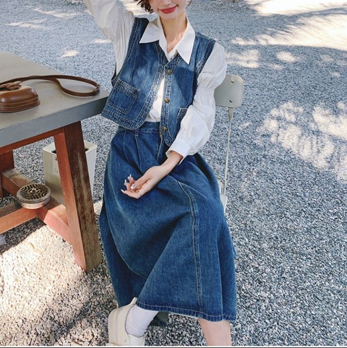 デニムセットアップ レトロベスト＆ロングスカート