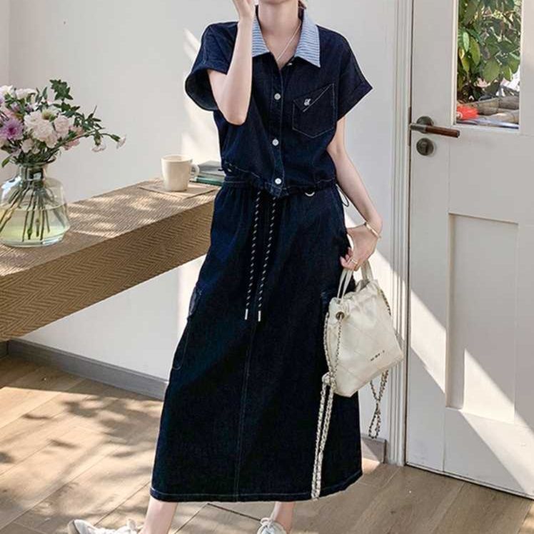 デニムセットアップ マリン風襟付きデニムツーピース