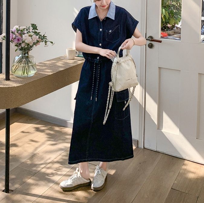 デニムセットアップ マリン風襟付きデニムツーピース