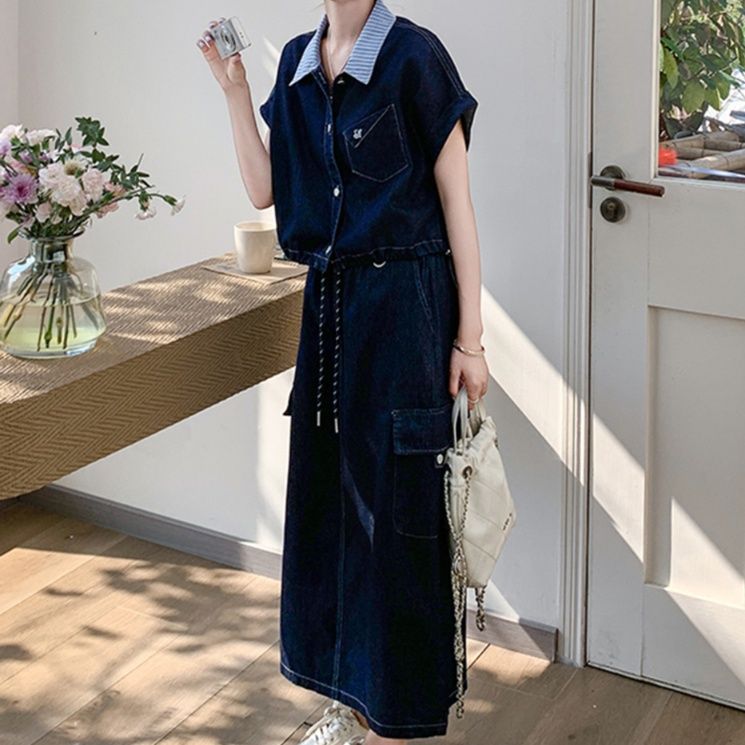 デニムセットアップ マリン風襟付きデニムツーピース