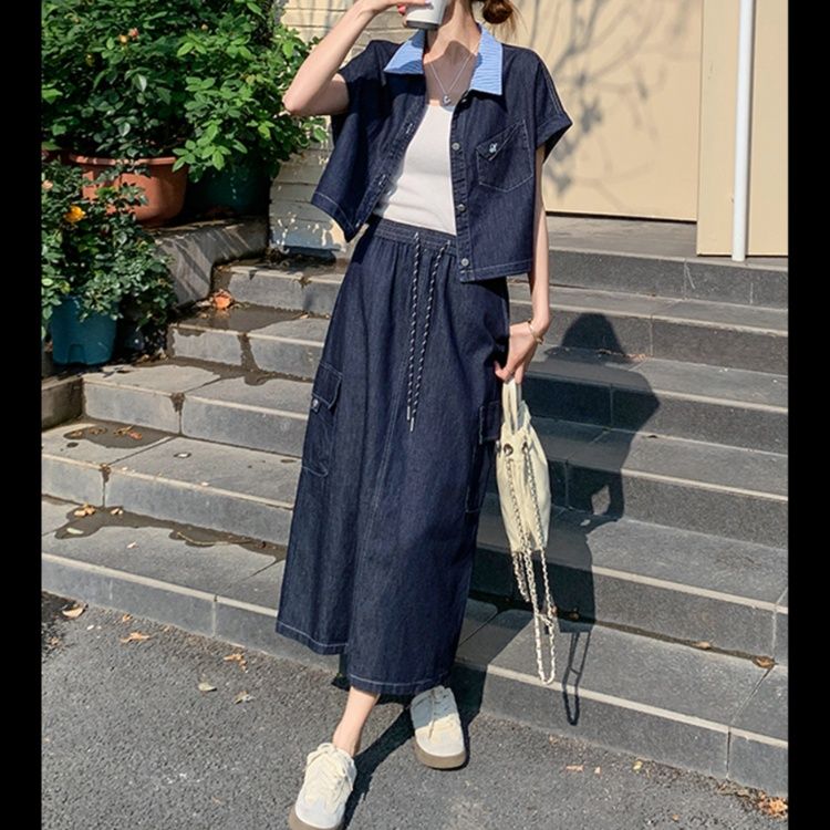 デニムセットアップ マリン風襟付きデニムツーピース