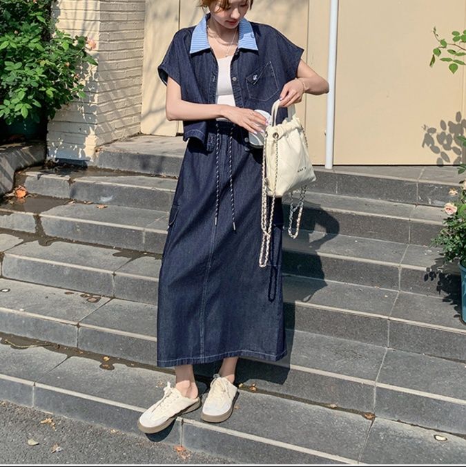 デニムセットアップ マリン風襟付きデニムツーピース