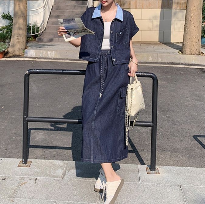 デニムセットアップ マリン風襟付きデニムツーピース