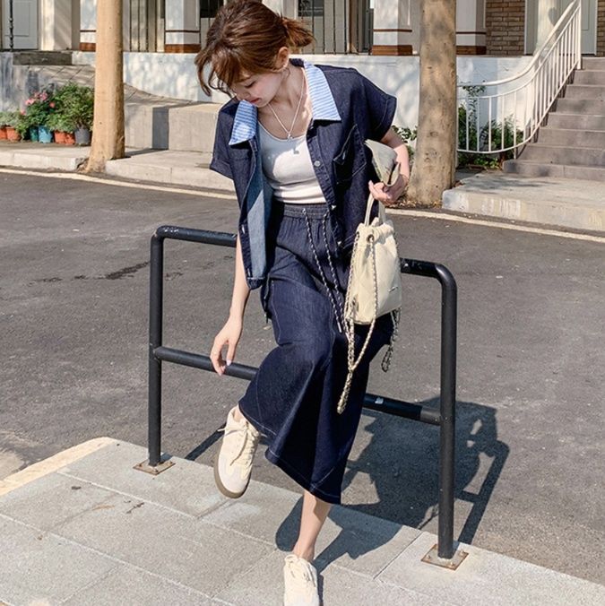 デニムセットアップ マリン風襟付きデニムツーピース